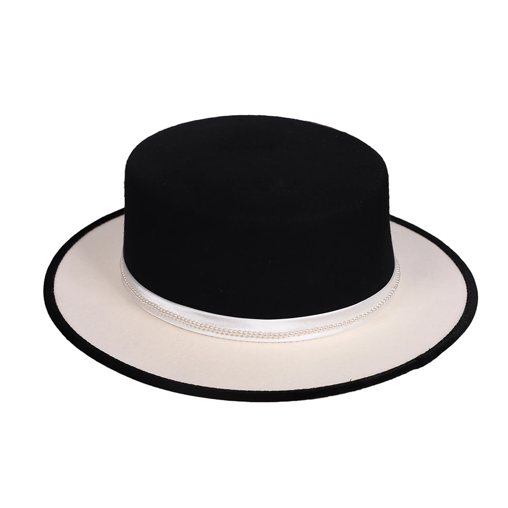 FS Elegant Black White Fascinator Hats For Women Luxury Tea Party Top Hat Summer Wide Brim Wool Cap With Flower Chapeau Femme