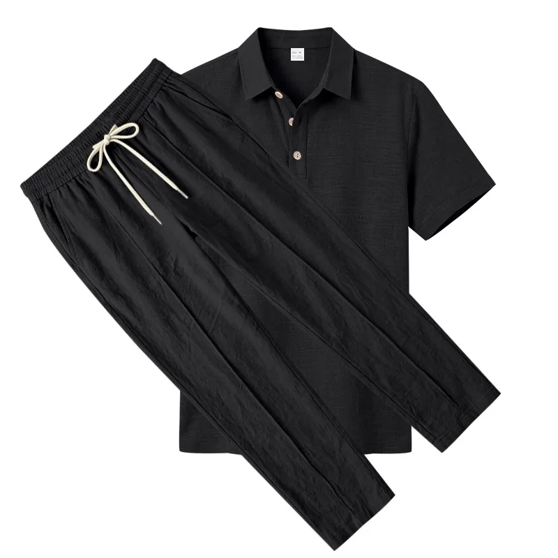 European and American new summer men's loose linen lapel trendy casual commuting POLO shirt short-sleeved trousers set