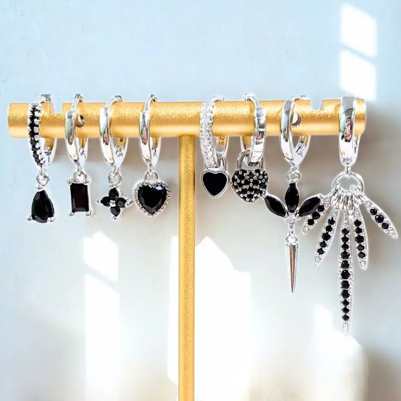 925 Sterling Silver Ear Buckles Fashion Hoop Earrings Black Crystal Pendant Silver Earrings High Quality Women\'s Jewelry Gifts