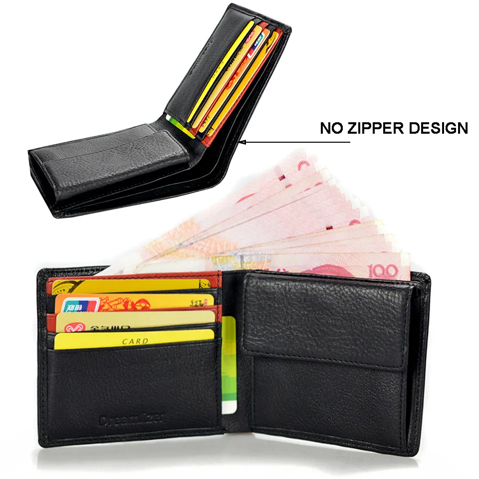 Dreamlizer Men Classic Thin Bifold Leather Wallet Short Italian Grain Genuine Leather Male Purse Large Coin Pocket Bag for Boy