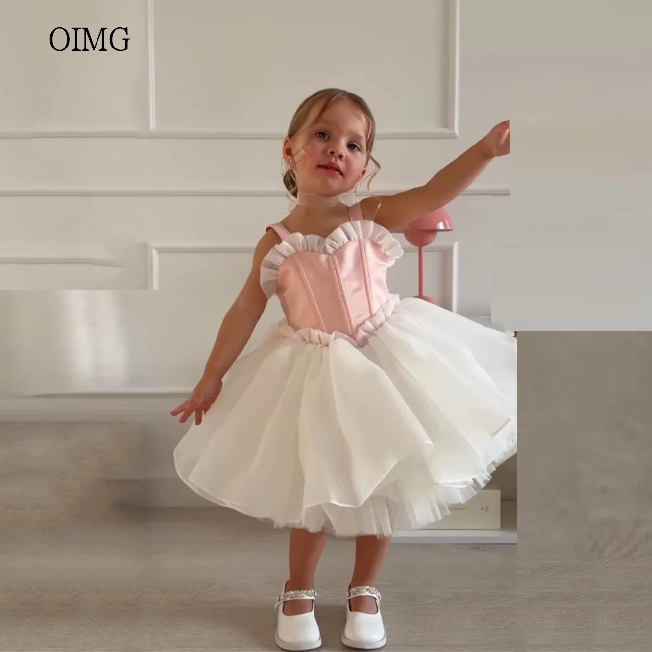 OIMG Pink/Ivory Sweetheart Neck A Line Flower Girl Dresses Sleeveless Wedding Party Dress Knee Length Birthday Dress Customized