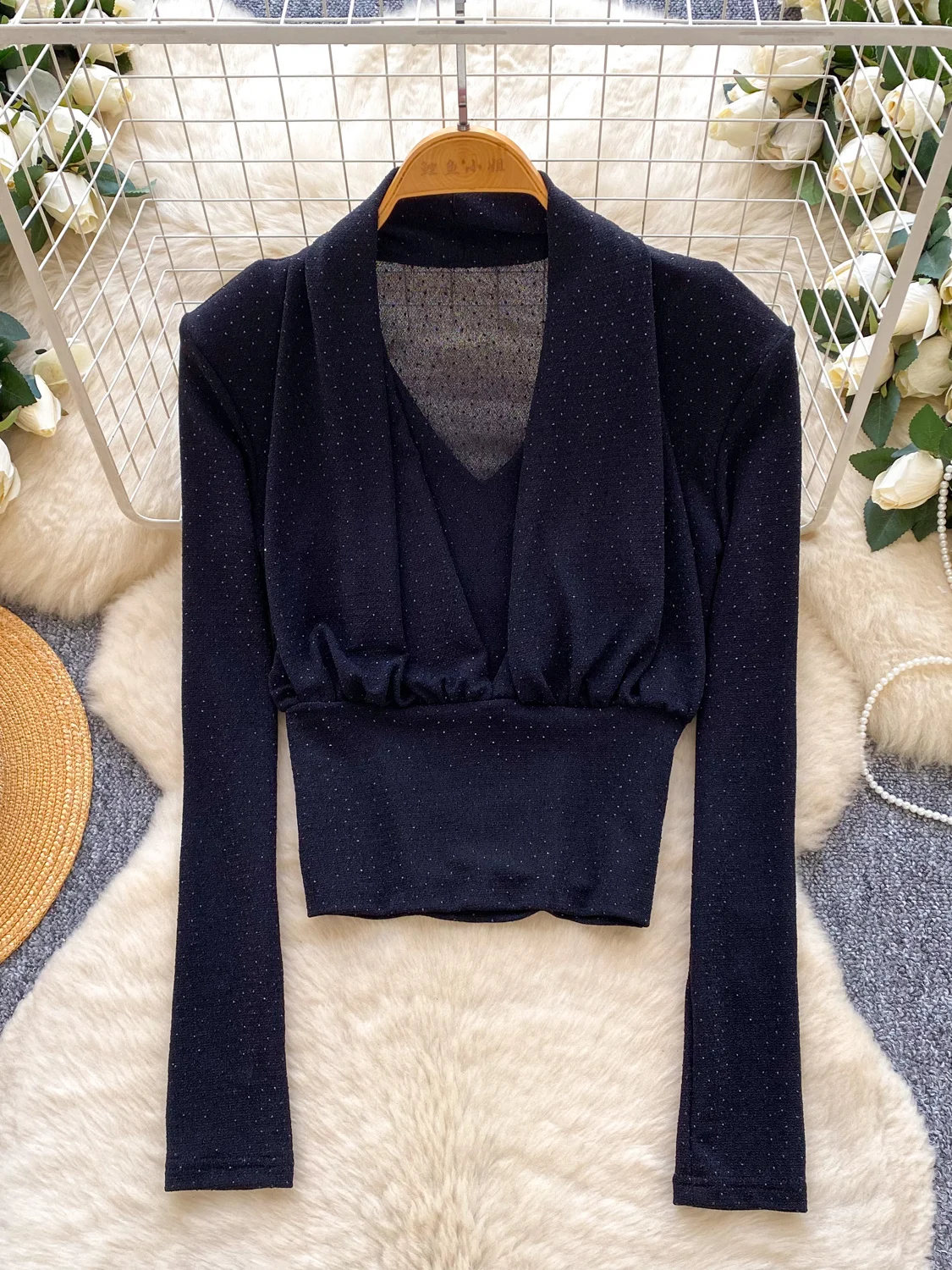 بلوزة iny مطوية بالترتر طويلة Sve V-Ne قاعدة irt التألق للتنقل Sle الكورية Faion سليم صالح ملابس يومية #3