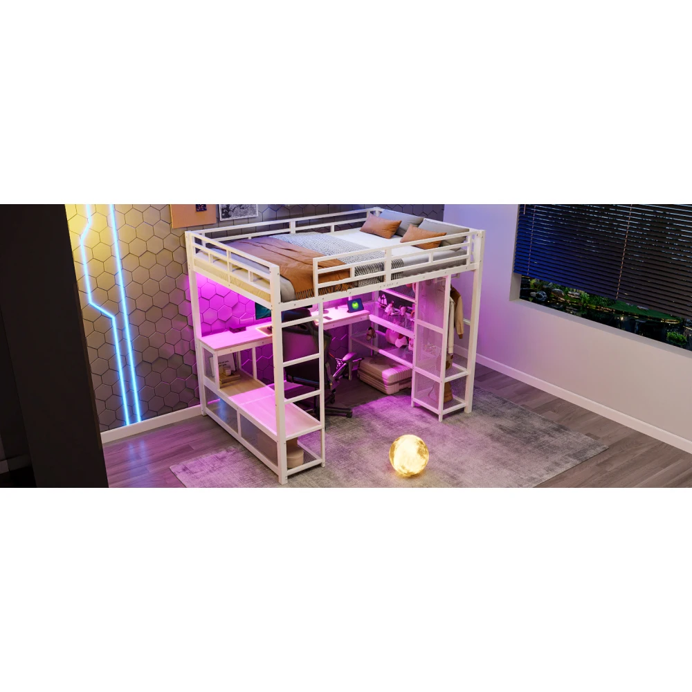 140 x 200 cm großes Hochbett aus Metall mit Stauraum und offenem Kleiderschrank, Kinderzimmerbett mit USB-Anschluss und LED-Beleuchtung, Schwarz/Weiß – Detail 24