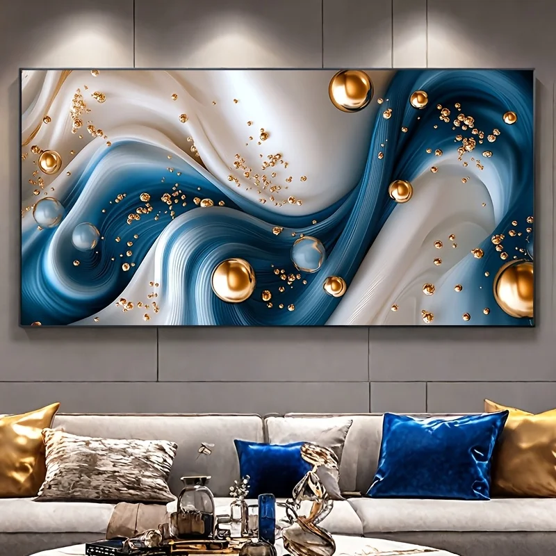 

Extra Large Frameless Canvas Art Poster Golden Beads and Blue Stripes Theme, for Living Room, Bedroom, Study Room, Holiday Party