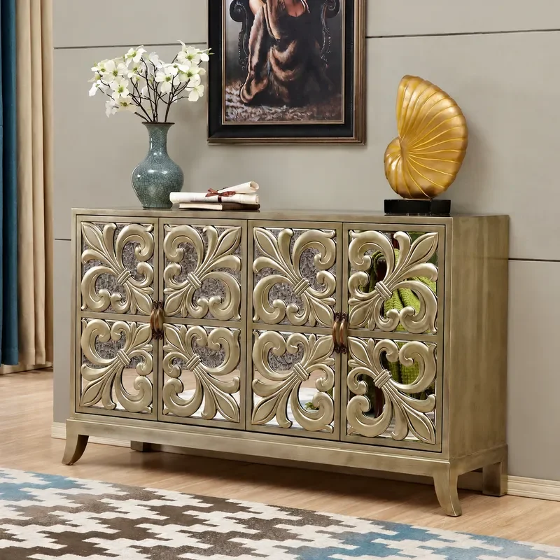 Neoclassical Retro Porch Cabinet Solid Wood Carved Shoe Storage Locker with Partition for Living Room Entrance Hallway
