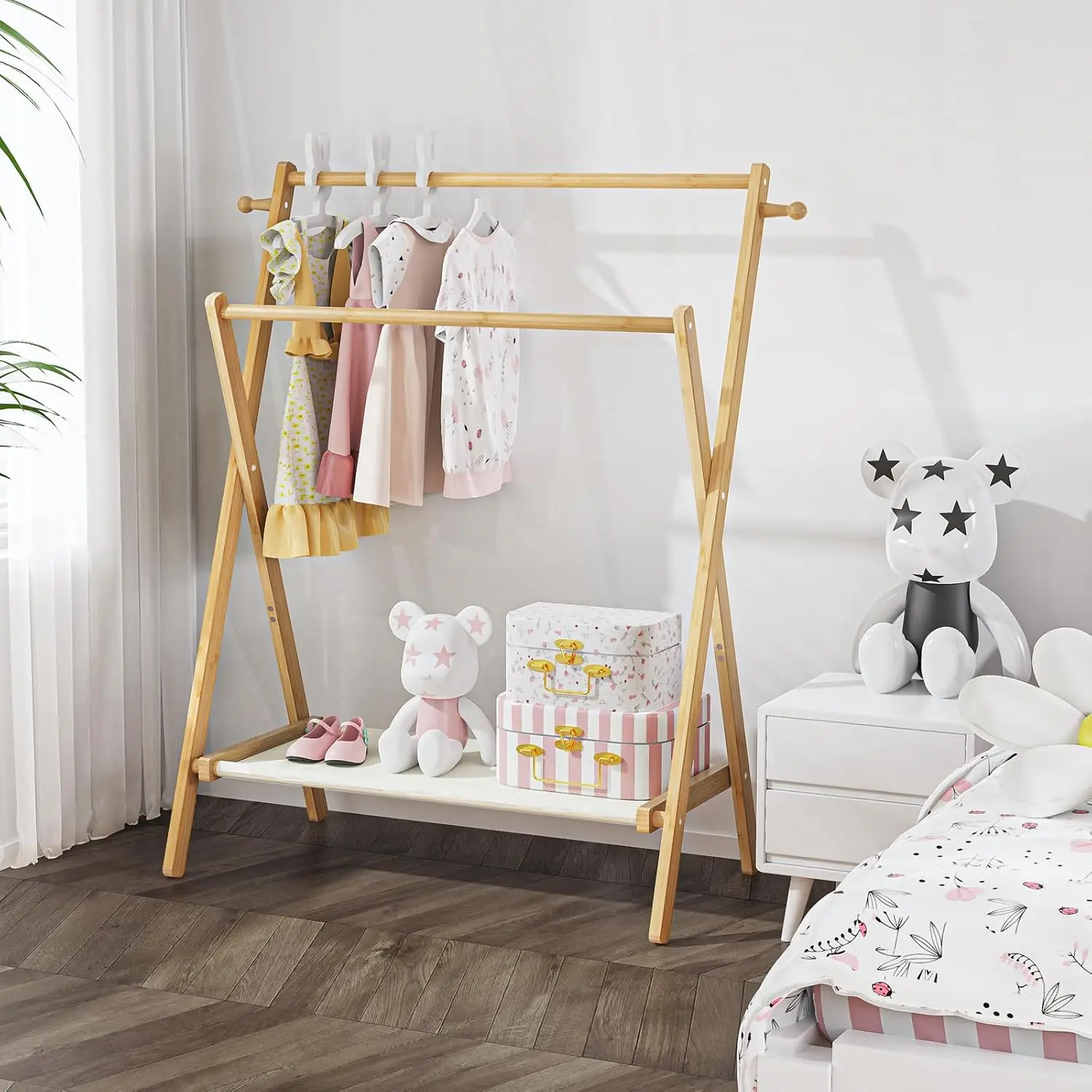 Foldable Kids Clothes Rack with Storage Shelf & Double Rods for Nursery and Playroom