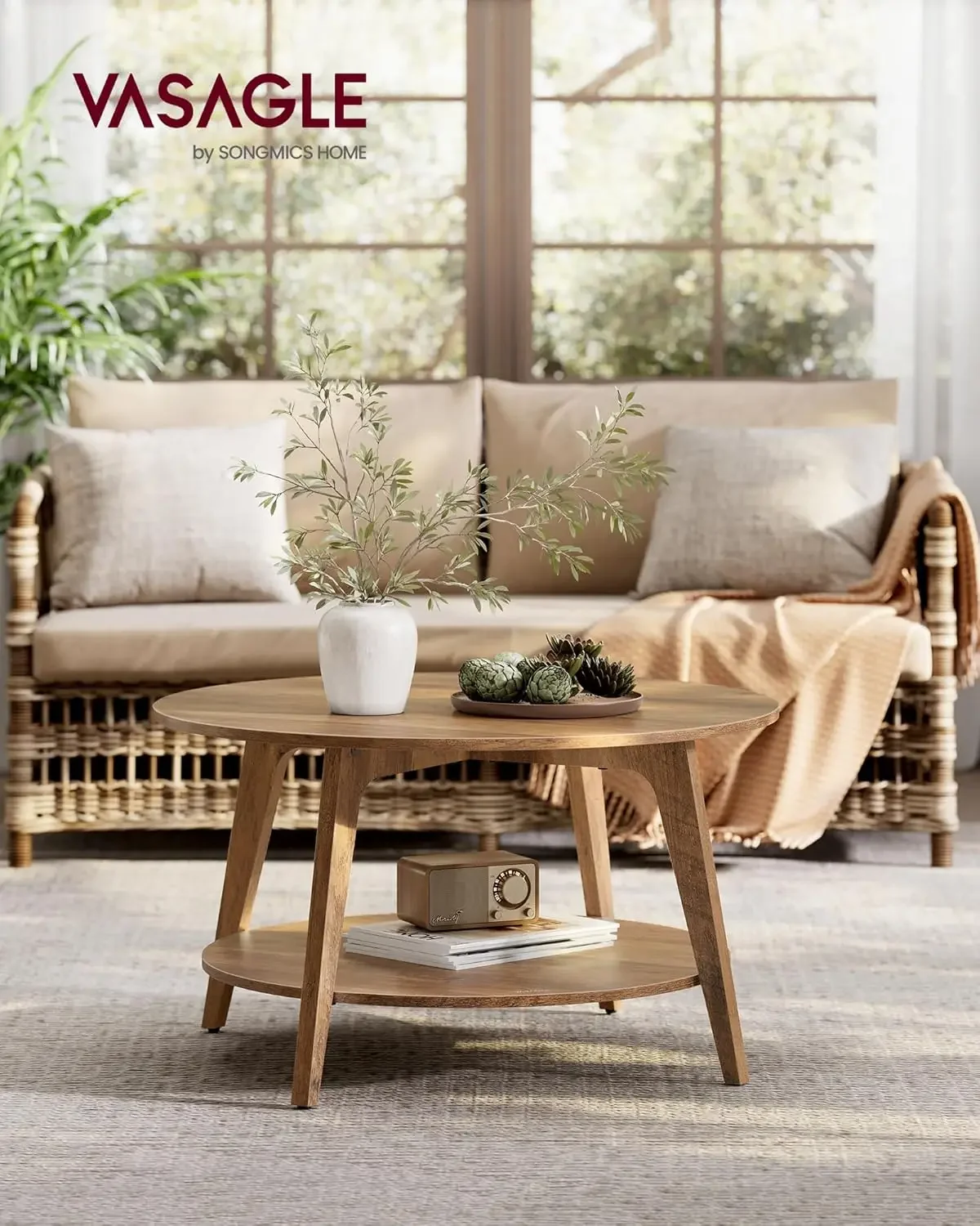 Round Coffee Table, 2 Tier Coffee Table with Storage, for Living Room, 31.5 x 17.7 Inches, Easy to Assemble, Honey Brown