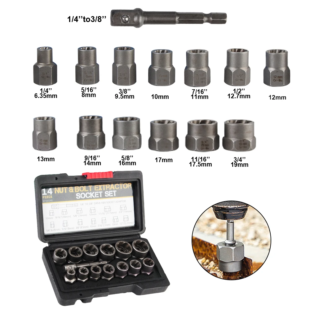 Bolt Nut Remover Socket Set 6.35mm-19mm Car Tool Kit Damaged Screw Extractor 14pcs Hand Tools Cr-Mo Steel