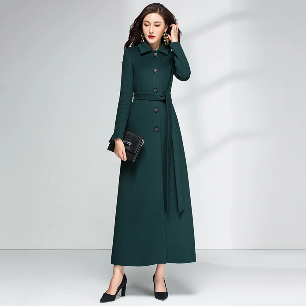 

New Women Woolen Coat Autumn Winter Fashion Small Turn-down Collar Belt Slim Long Wool Blends Coat Elegant Simplicity Overcoat