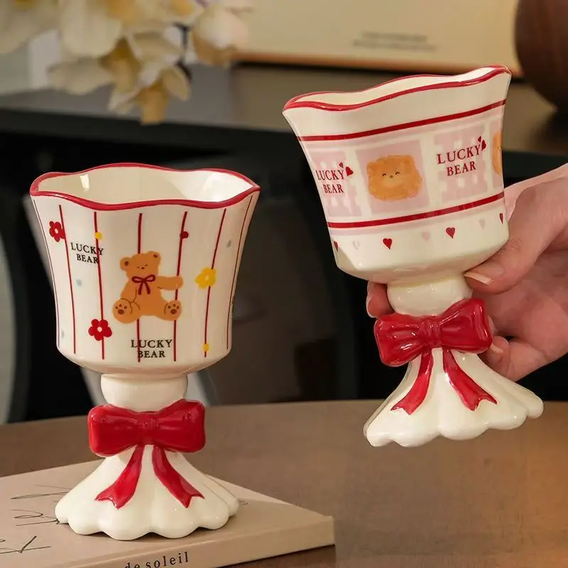 Retro Cute Ceramic Goblet Cup Emboss Bow Handle Dessert Juice Mug Bear Pattern Household Cup