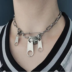 Y2K Hip Hop Zipper Pin Pendant Charms Choker Necklace Women Men Unisex Punk Rock Neck Chains Fashion Party Jewelry accessories