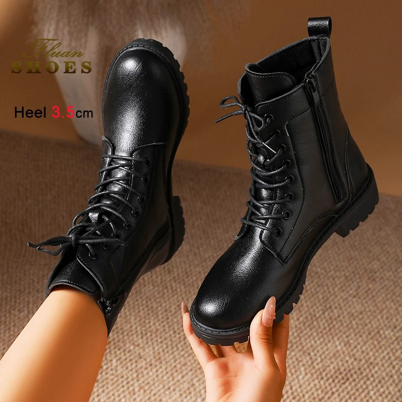 

Женские повседневные ботинки 3,5 см, Нескользящая толстая подошва, уличная модная осенняя обувь, черные короткие ботильоны на шнуровке с боковой молнией Mujer