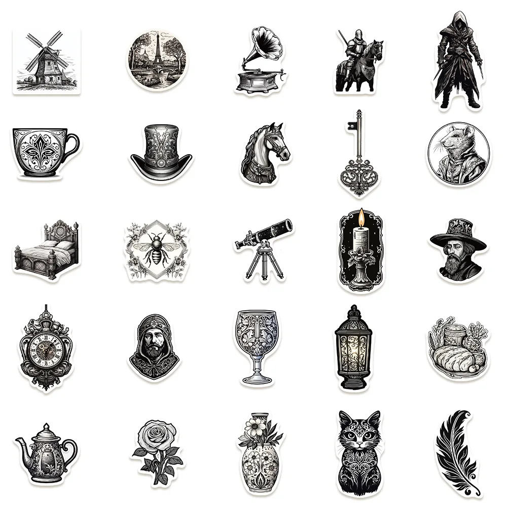 50pcs Retro Black and White Medieval Series Graffiti Stickers Suitable for Helmets Desktop Wall Decoration DIY Sticker Pack