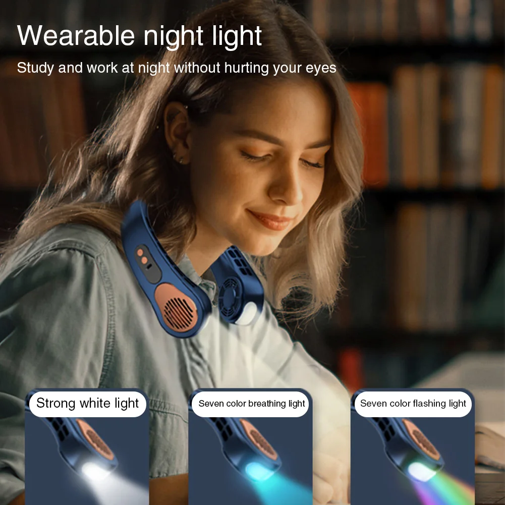 USB معلق الرقبة مروحة المحمولة الرقبة مروحة LED العرض الرقمي ورقة مروحة كهربائية ملونة جو أضواء مروحة التبريد 5 سرعة