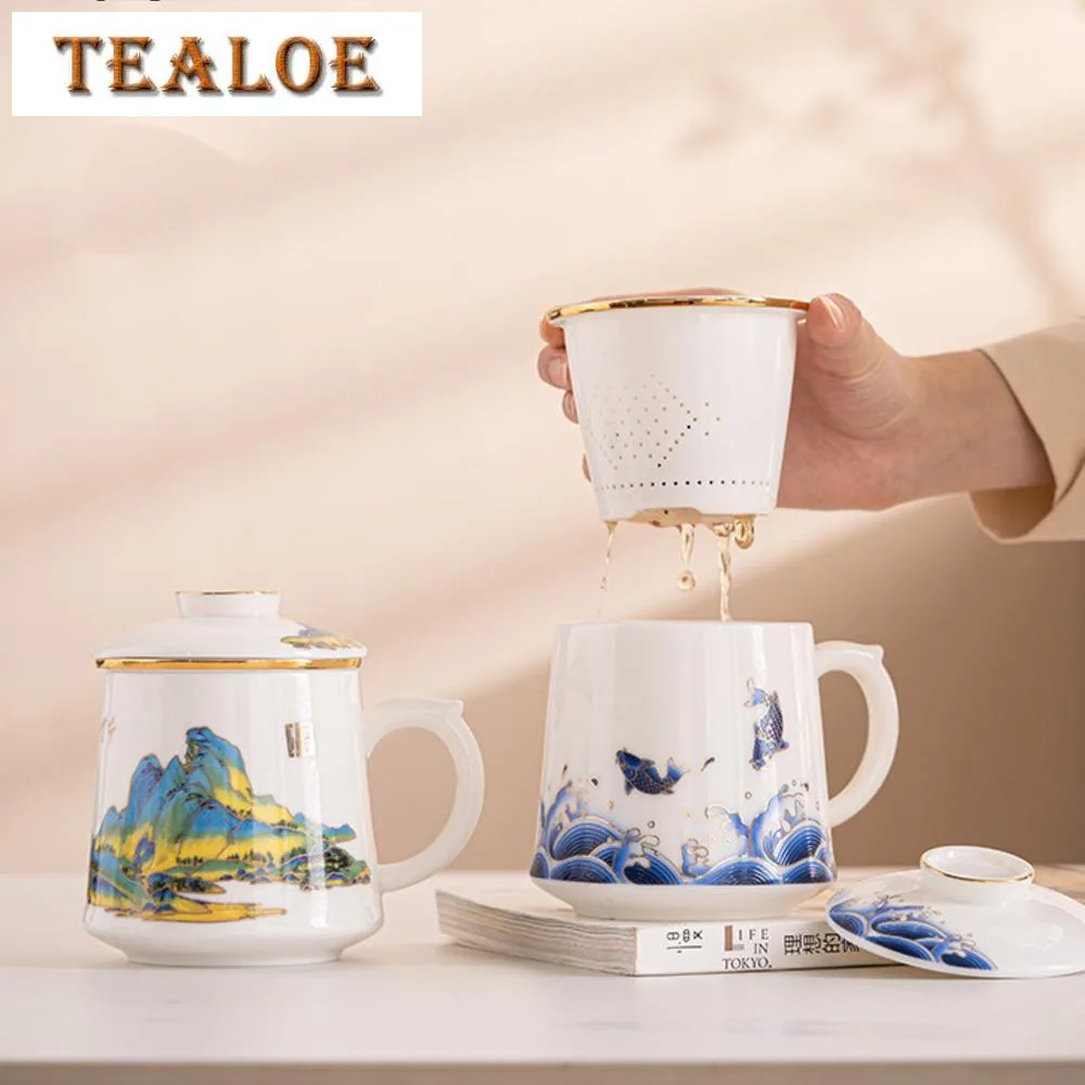 

450ml Dehua White Porcelain Personal Tea Water Separator Mug Chinese Green Tea Brewing Cup Customized Office Filter Cup Gift Box
