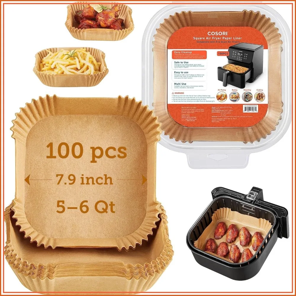 100 PCS Square Disposable Air Fryer Liners, 7.9" Non-Stick, Unbleached, Resistant to 465°F