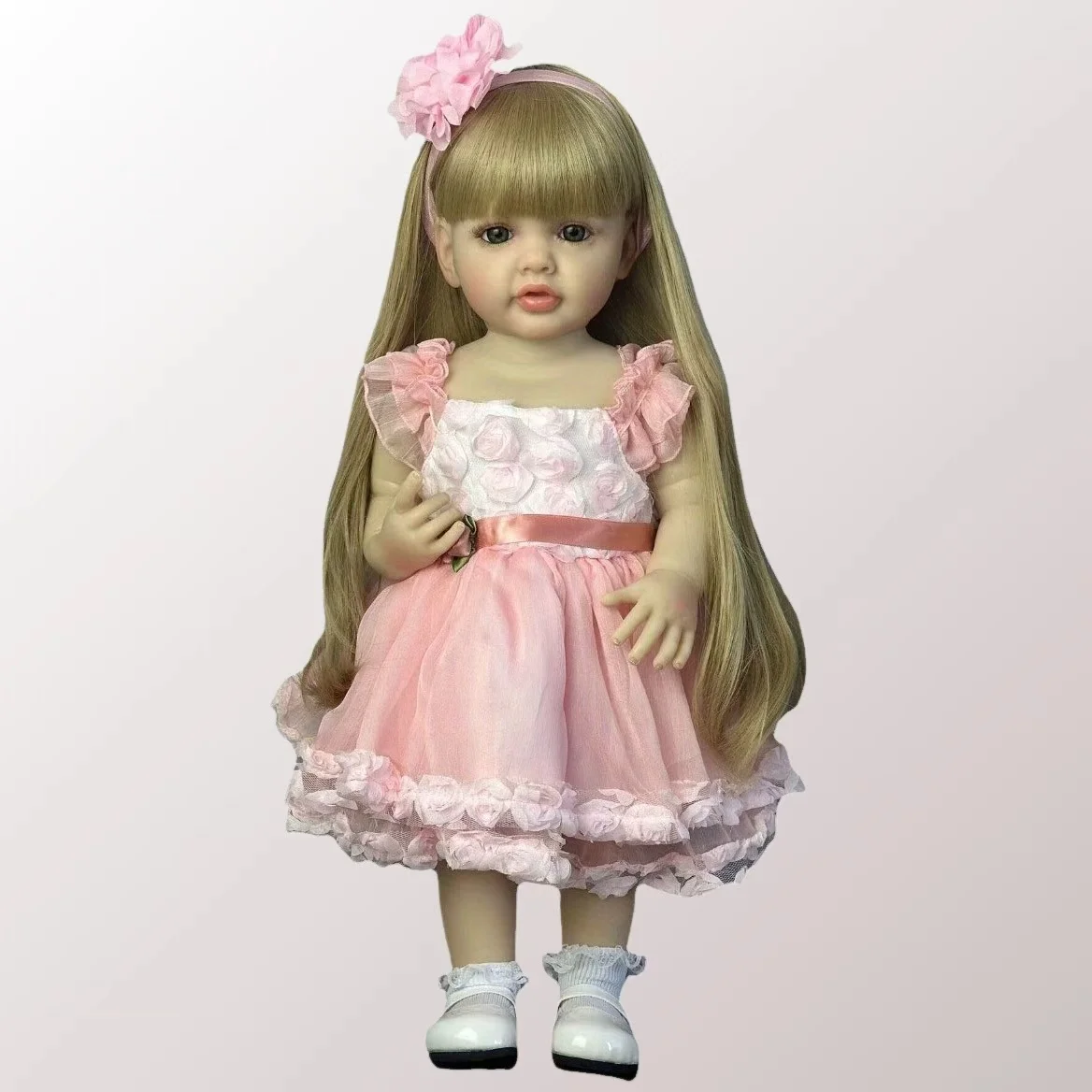 55CM 22 Inch Lifelike Reborn Princess Doll Long Blonde Hair Full Vinyl Body Pink 3D Floral Tulle Dress Flower Headband Can Bathe Kids Role Play Toy Birthday Christmas Gift