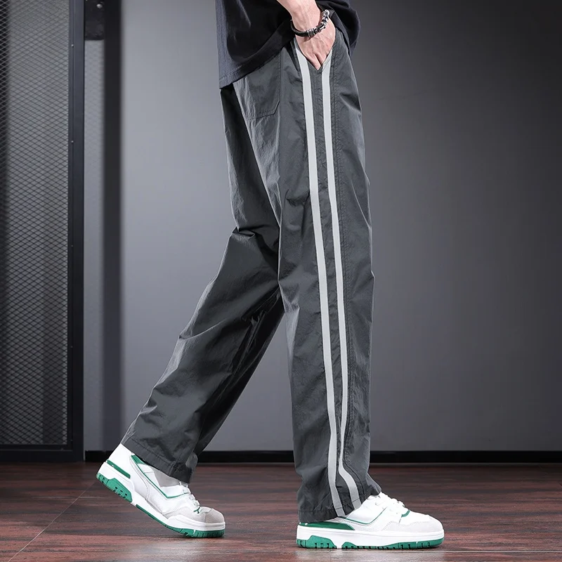 

ey Casual Pants Men's Summer Thin Loose Straight Leg Pants 2024 New Stripe High Street Trend Dstring Long Trousers