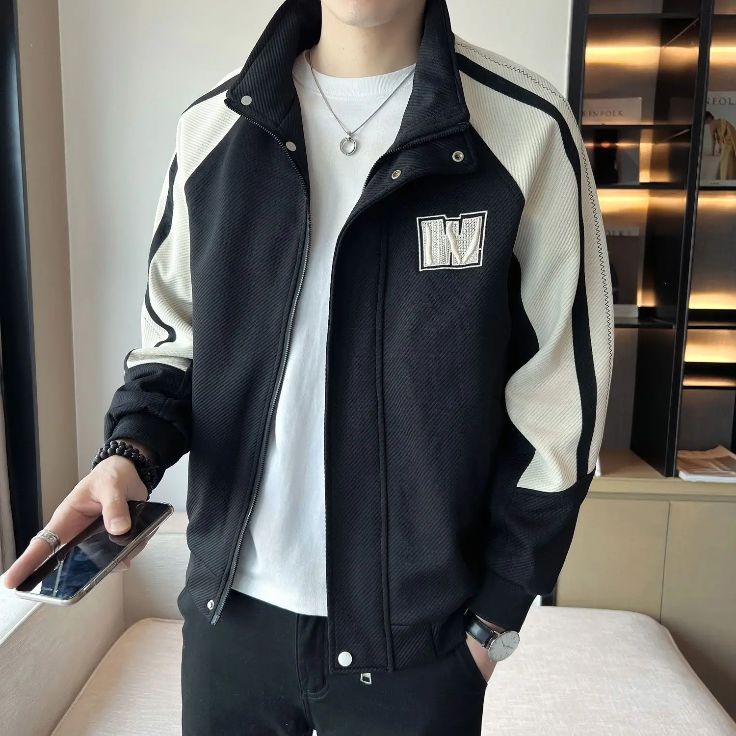 Jacket for Men Zip V Winter Sales of Splicing Man Coat Contrasting Colors Joker Stylish Trendy Deals Cold Harajuku Casual New In