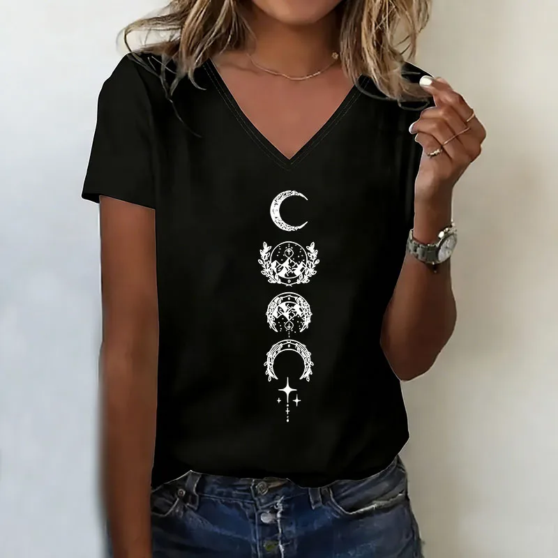 Vintage Moon Star T-shirt V Neck Casual Fashion Y2k Retro T Shirts Women Short Sleeve Tee Shirt V-Neck Summer Spring