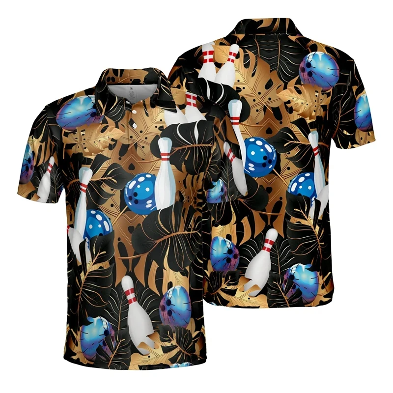 Kaus Polo tim Bowling olahraga motif 3D kaus Polo lengan pendek Gutterball Club Polo grafis untuk pria kaus kancing besar