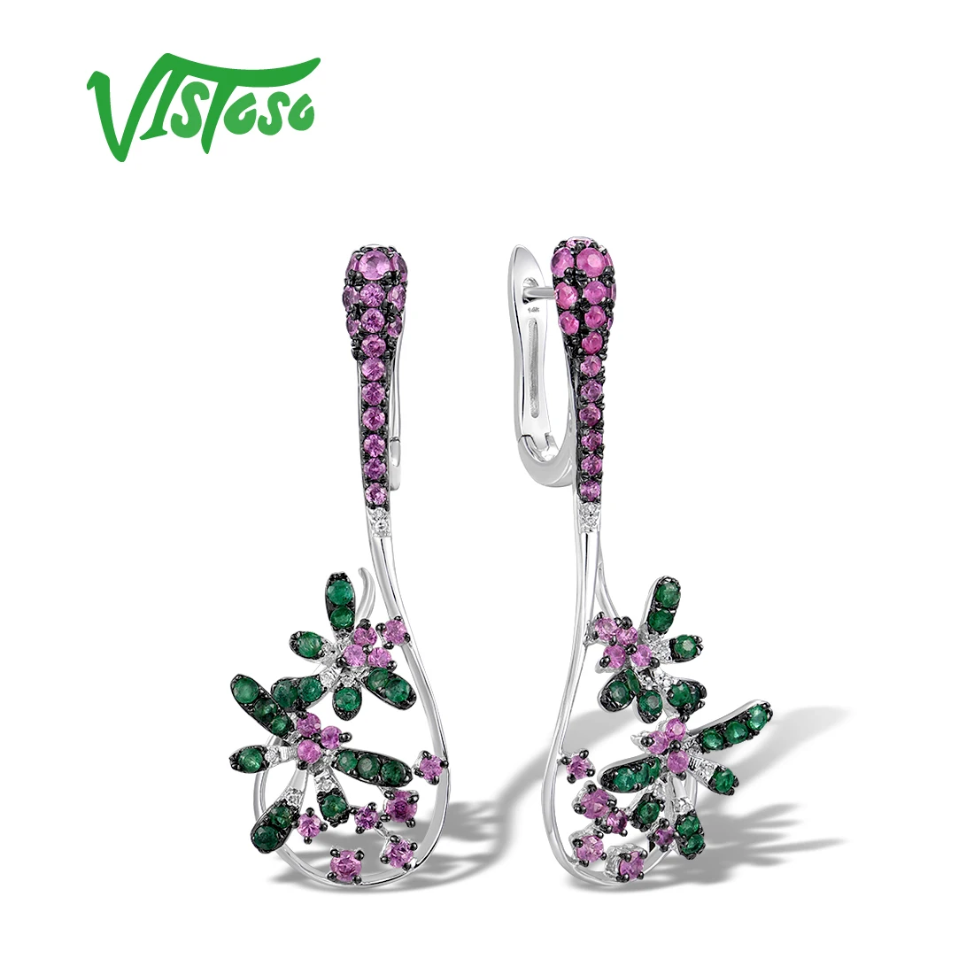 VISTOSO 14K 585 White Gold Earrings For Women Sparkling Pink Sapphire Emerald Diamonds Dragonfly Earrings Fashion Fine Jewelry