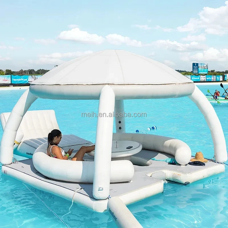 Hot Sale Outdoor Inflatable Floating Island Pool Air Track Mattress Sofa Platform With Sunshade Water Amusement Park Leisure