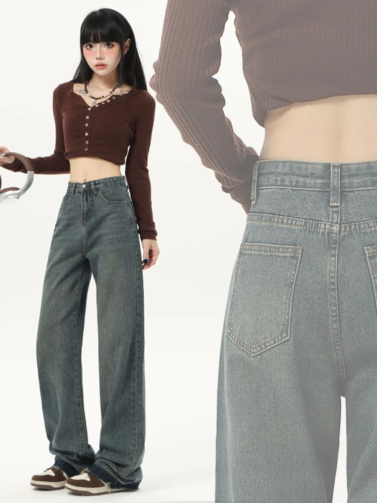 

American High Street Wide Leg Jeans Women's New 2025 Autumn Retro High Waist Slim Loose Straight Floor-Length Pants