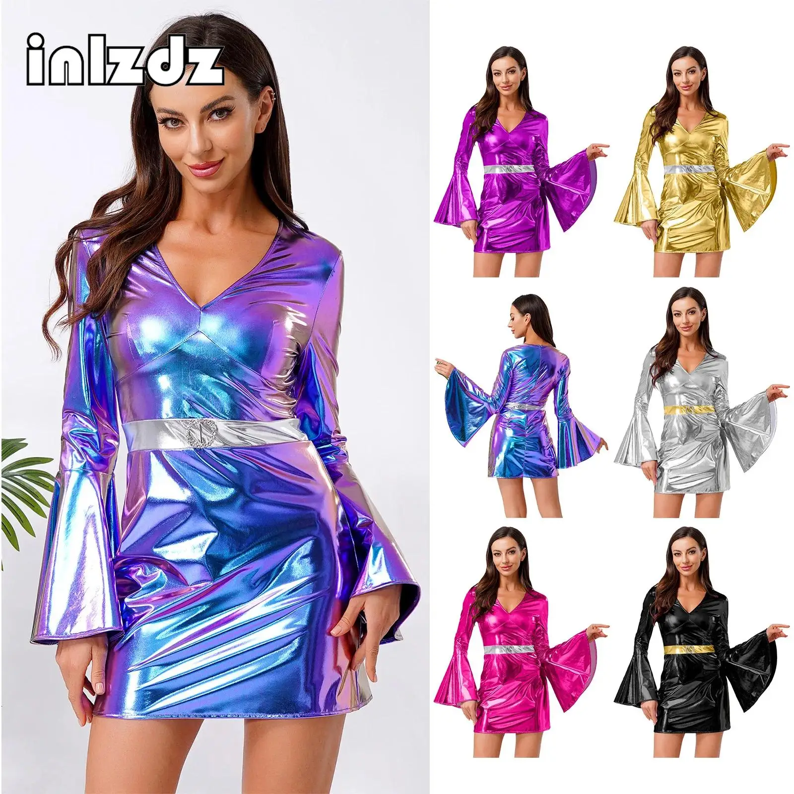 

Womens Adult Retro 70s Disco Bodycon Dress V Neck Flared Sleeve Crystal Decor Metallic Shiny Dress Party Night Outing Clubwear