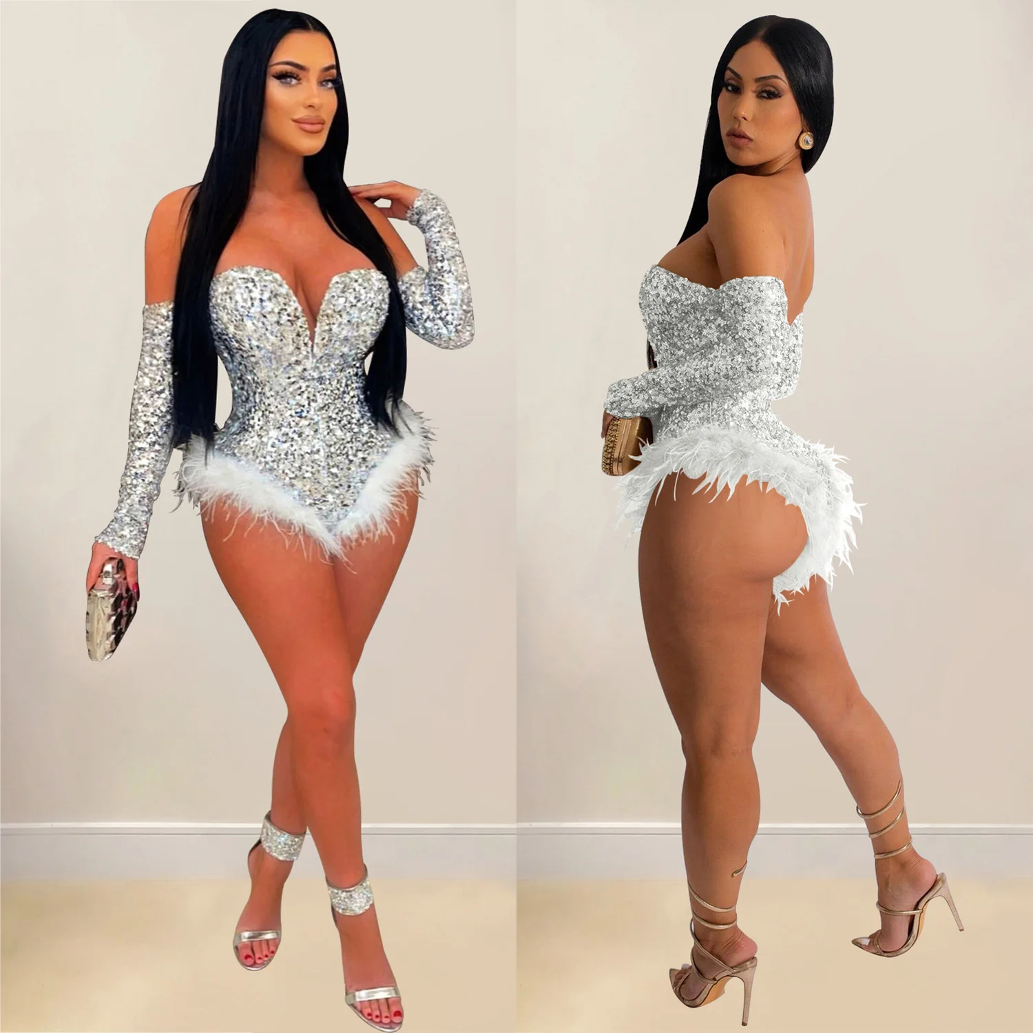 

Silver Gold Sequin Feather Bodysuits Women Strapless Body Suit Tops Club Rompers Party Nightclub Sexy Bodycon Corset Jumpsuits