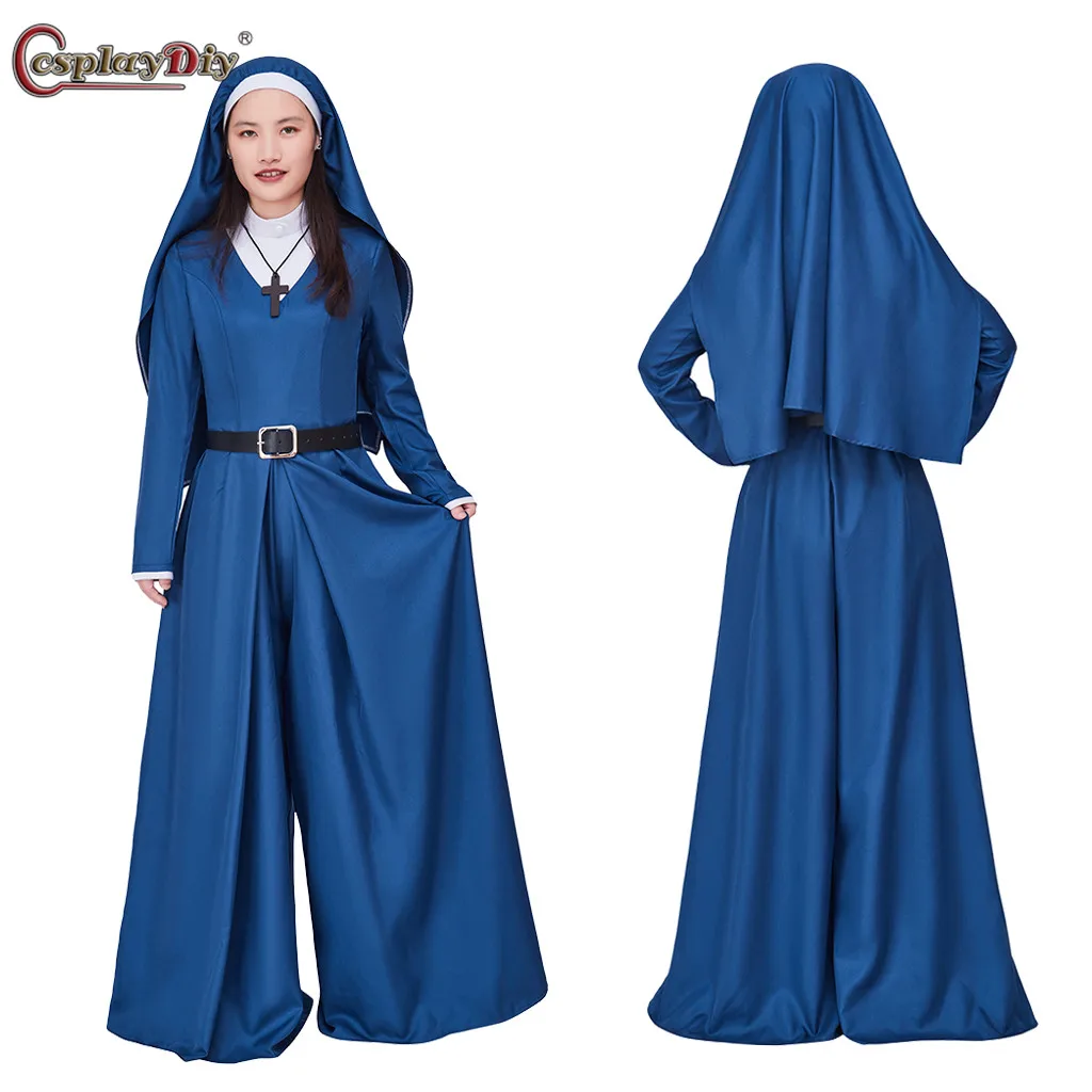 

Cosplaydiy Mrs. Davis Simone Costume Jumpsuit With Hat Belt Full Set Nun Sister Habit Costume Adult Women Mrs. Davis Nun Uniform