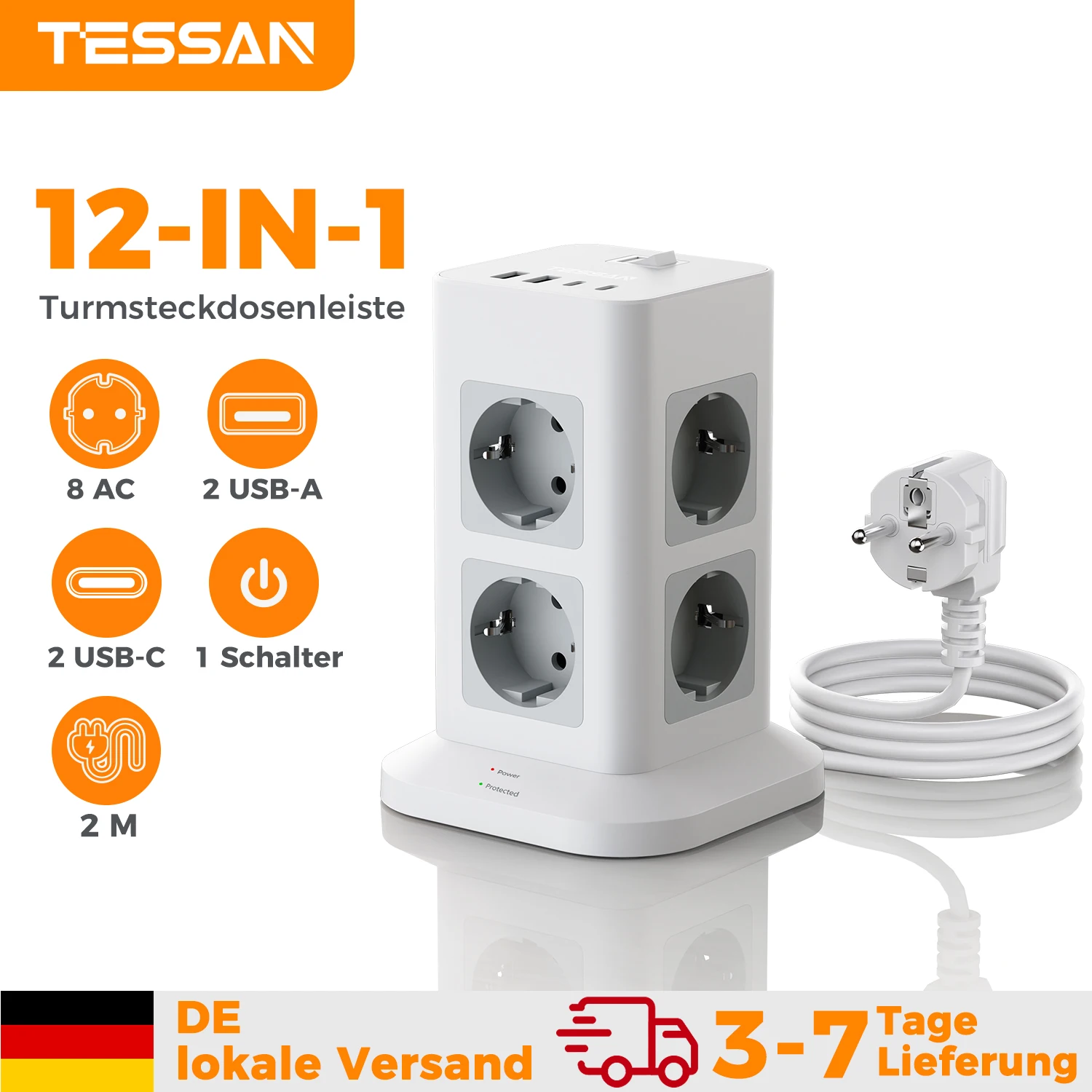 Image of TESSAN 8-Wege-Turm-Steckdosenleiste EU-Stecker mit USB A+1 Typ C 2M Verlängerungskabel Mehrfachsteckdose Vertikale Elektrosteckdose mit Schalter