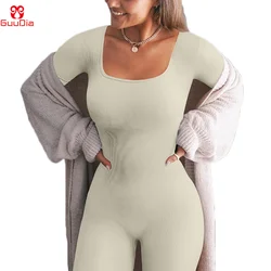 GUUDIA Padded Cup Jumpsuits Thumb Hole Ribbed Women Shapewear Long Sleeve Square Neck Sexy Bodycon Rompers One Piece Outfits