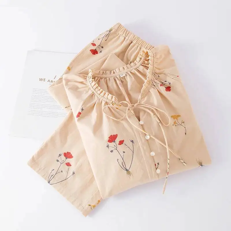 

Дышащие удобные хлопковые двухслойные марлевые брюки, пижамный комплект, весенне-осенняя одежда для женщин