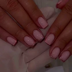 24Pcs Pink French Press on Nails Short Square False Nails with Glue Glitter Acrylic Nails Full Cover Solid Color False Nail Art