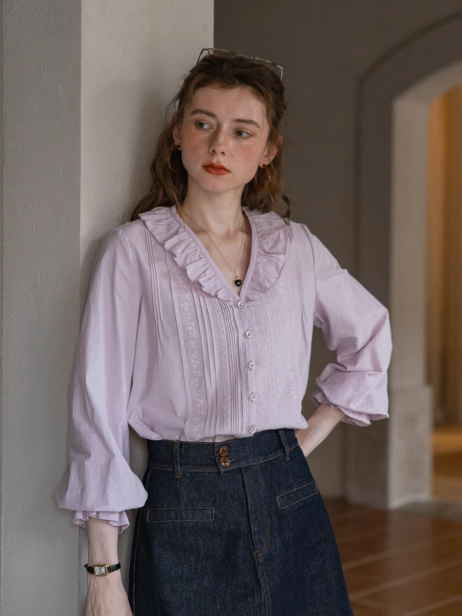 

Muses Moonlight 00% Cotton Vintage V-ne Embroidered Ruffle Design Texture Sensation irt Casual Sle Long Sve Women's...