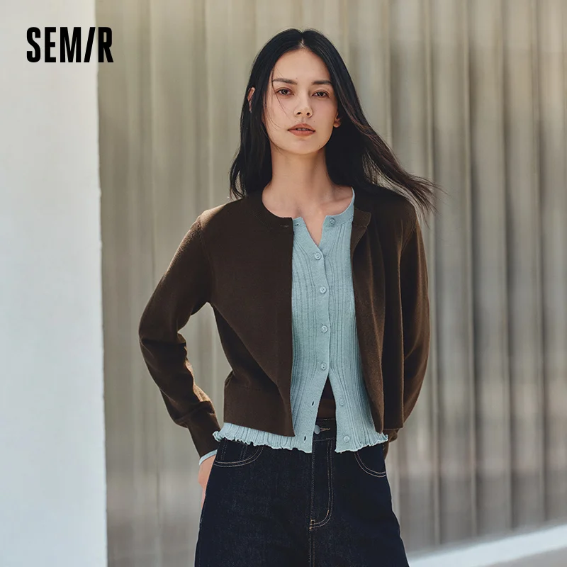 Semir Women Cardigan Short Contrast Patchwork Faux Two Piece Ruffle Trim Soft Casual Autumn Knitwear Daily Wear 2026