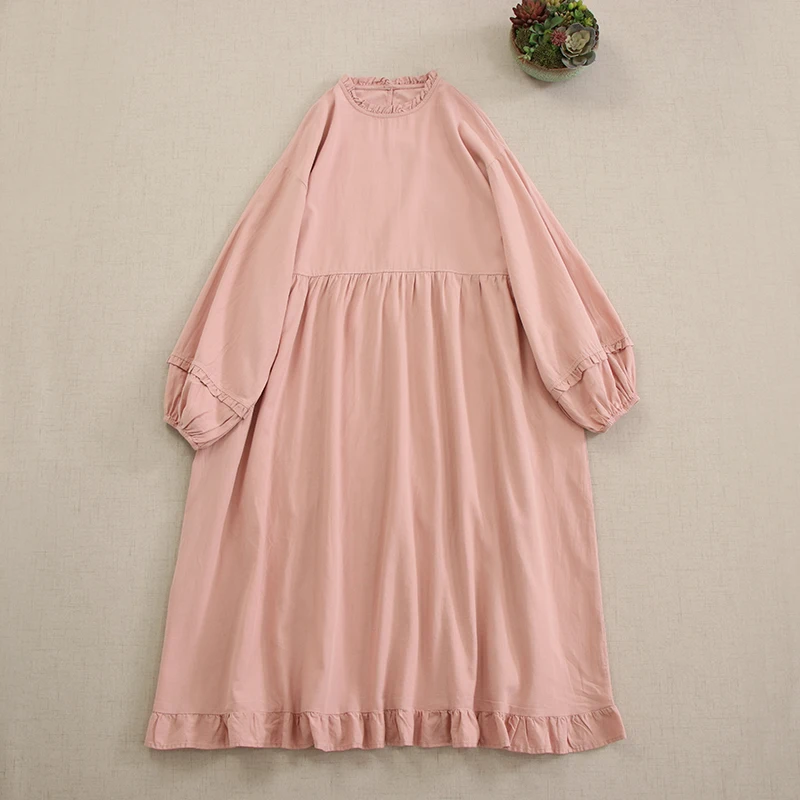 Spring New Japanese Sweet Mori Girl Solid Color Ruffeld Hem Dress Women Long Lantern Sleeve Casual Loose Midi Dresses