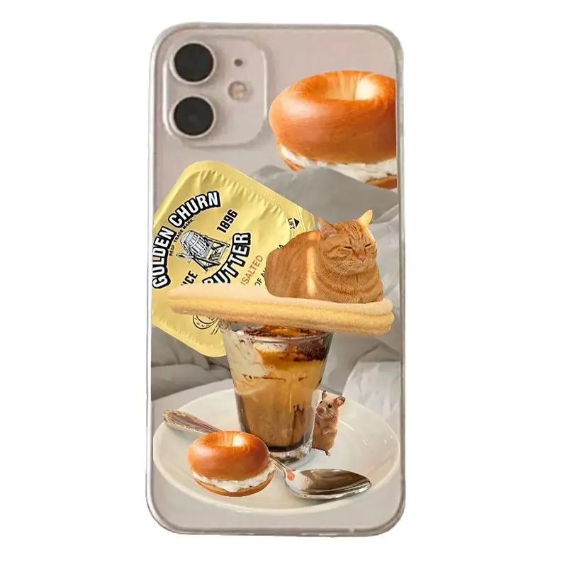 Korean Ins Breakfast with Orange Cat Case for iPhone 13 Pro Max Back Phone Cover for 12 Mini 11 Pro Max X XS XR 8 7 Plus SE 2020