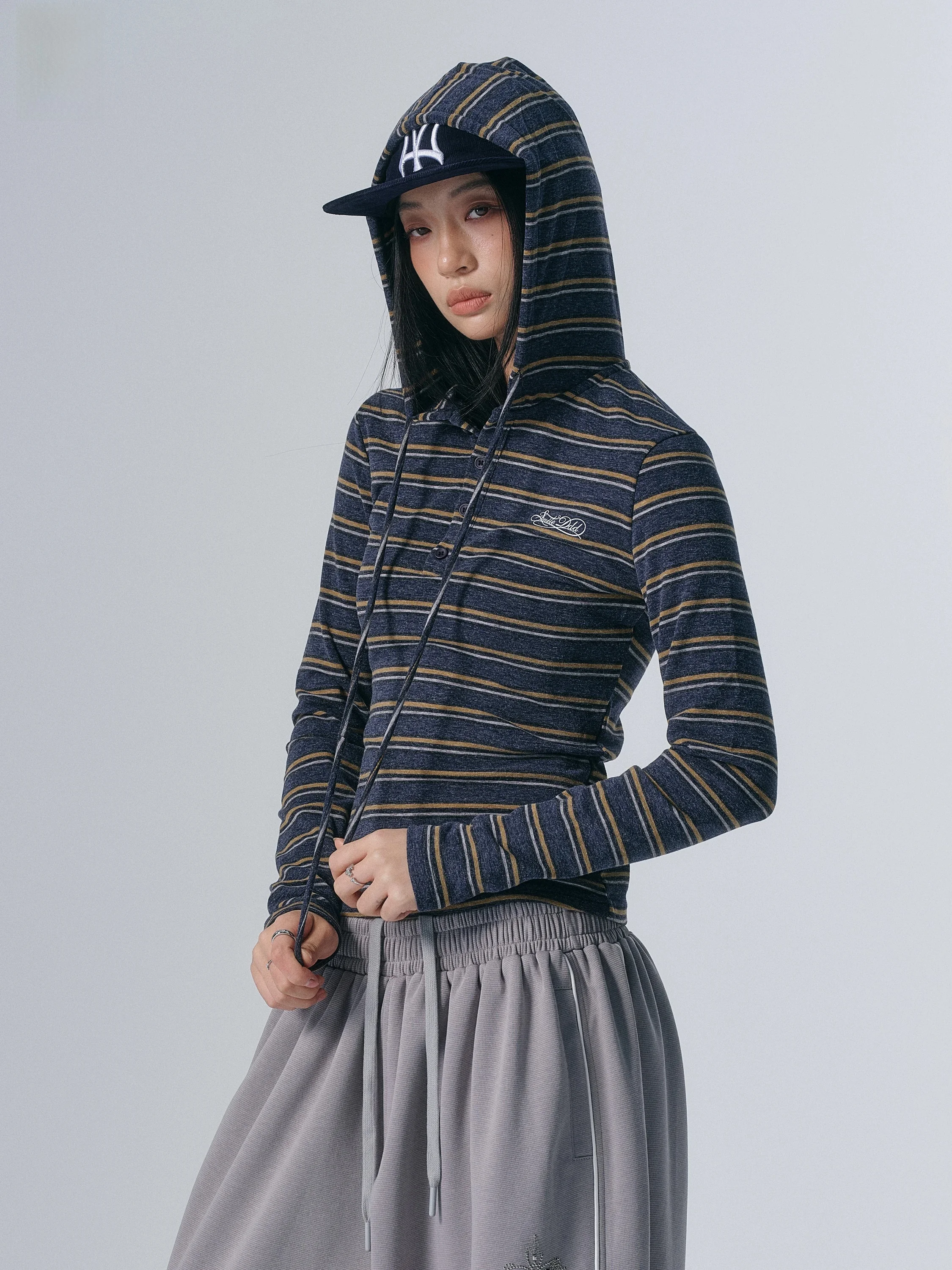 Smile Ddd Retro Striped Hooded Long Sleeve T Shirt Women's Autumn Winter New Loose Casual Versatile Jazz Dance Top