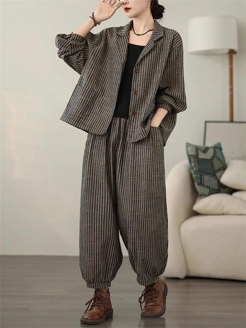 Retro Stripe Cotton And Linen Suit 2024 Women's Autumn Temperament Casual Wide Leg Harem Pants Loose Oversized 2 Piece Set K2478