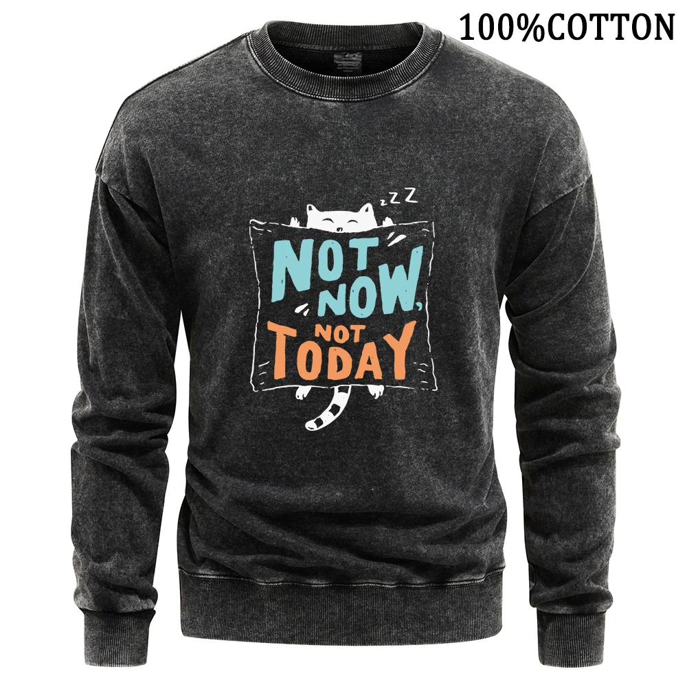 Not Now Not Today Letter Cat Men Sweatshirt Vintage Washed Hoodie High Quality Cotton Hoodies Flexible Sweatshirts Autumn Tops