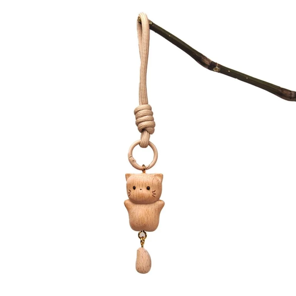 Handcrafted Wooden Cat Keychain Hand Carved Smooth Money Catching Cat Pendant Tassel Detail Bag Pendant Charm Festive Accessory