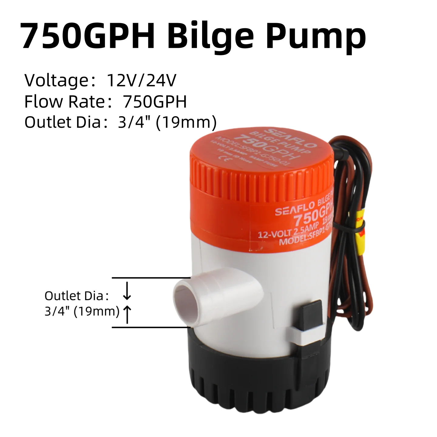 SEAFLO 750GPH Bilge Pump 12V/24V Submersible Marine Boat Pump High Efficiency with Removable Strainer
