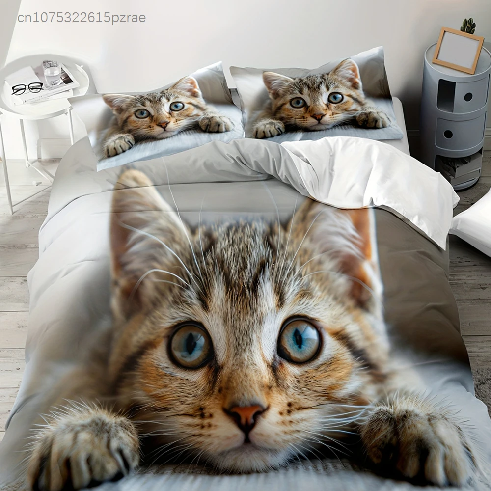 2/3pcs, Cat Pattern Print, Bedding Set, Suitable For Boys' And Girls' Bedroom Use, Machine Washable.