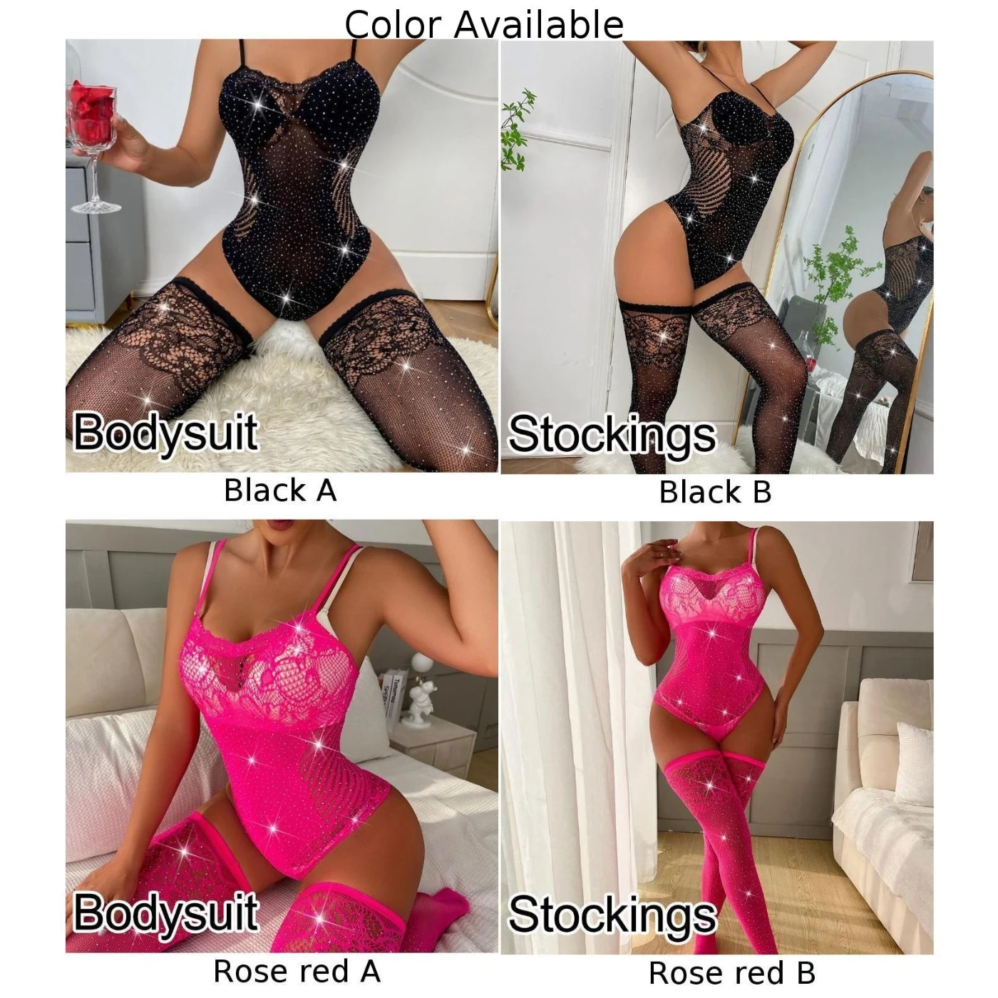 Rhinestone ชุดบอดี้สูทสําหรับงานปาร์ตี้ Crotchless Hollow Out บิกินี่ความสูง 150-180 ซม.Fishnet ถุงน่องแขนกุด