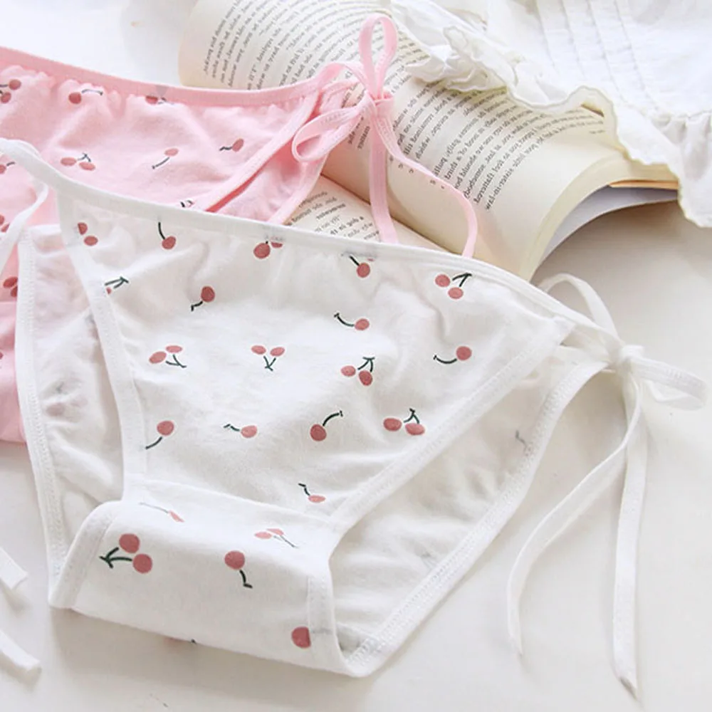 Girl Cartoon Cherry Low Waist Bow Animation Cotton Underwear Briefs Bandage Lingerie Women's Panties
