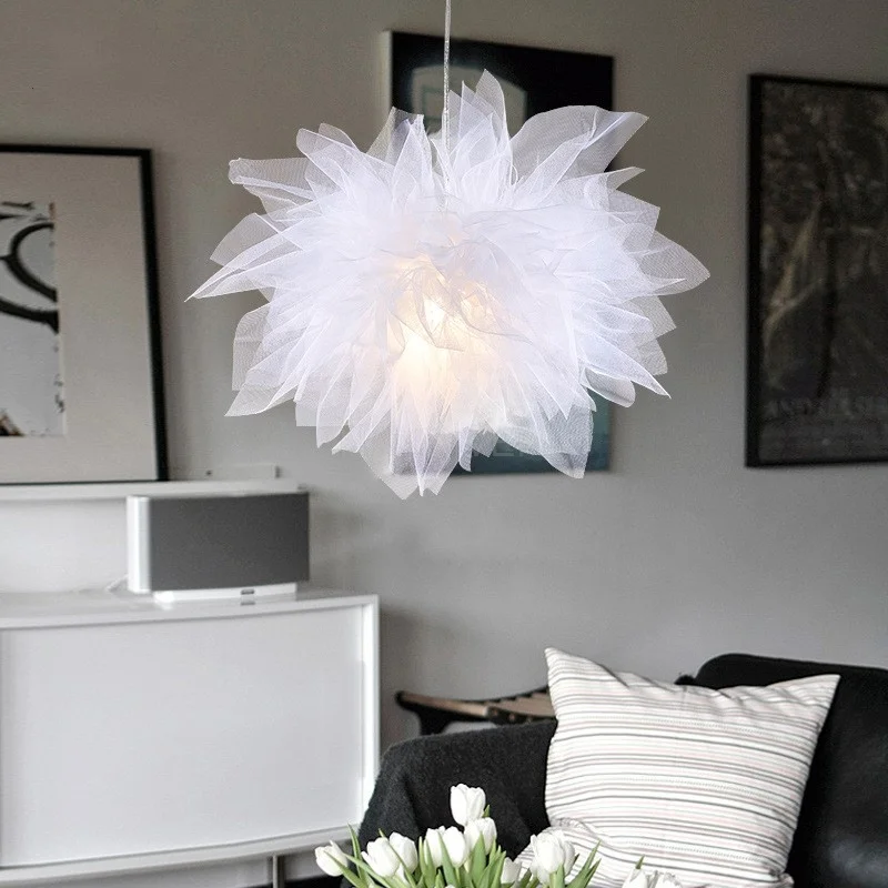 Modern Fluffy Pendant Light Elegant Mesh Lampshade Droplight Lighting Bedroom Study Room Decoration Creative Hanging Lamp 220V