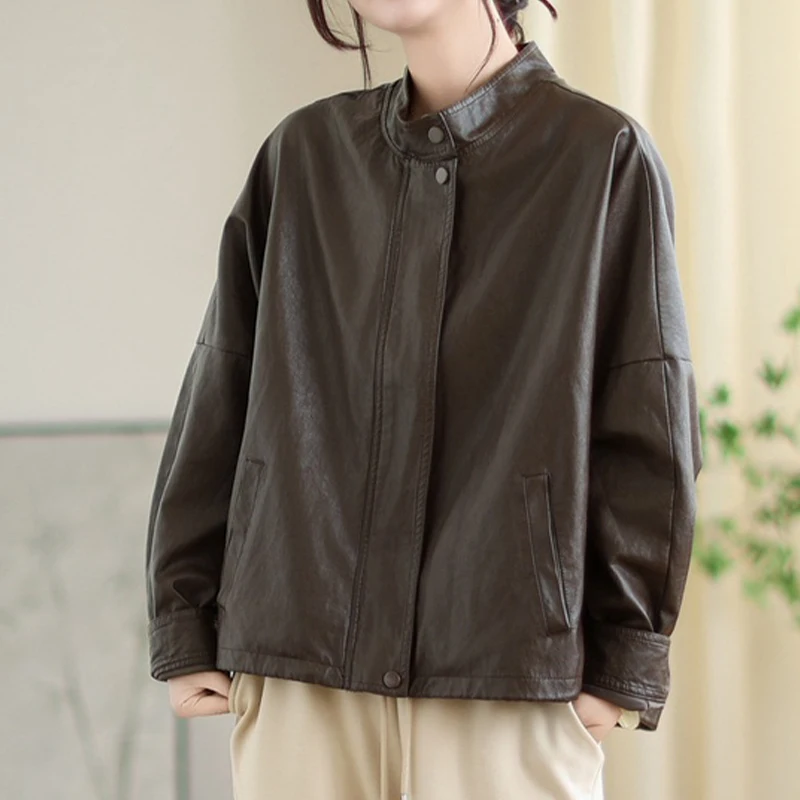 Kurtki damskie Masss Wasss 2025 Jesień Klasyczna Moda Oversize PU Kurtki Damskie Rekreacyjne Płaszcze ze Sztucznej Skóry Luźne Vintage Wiatrówki