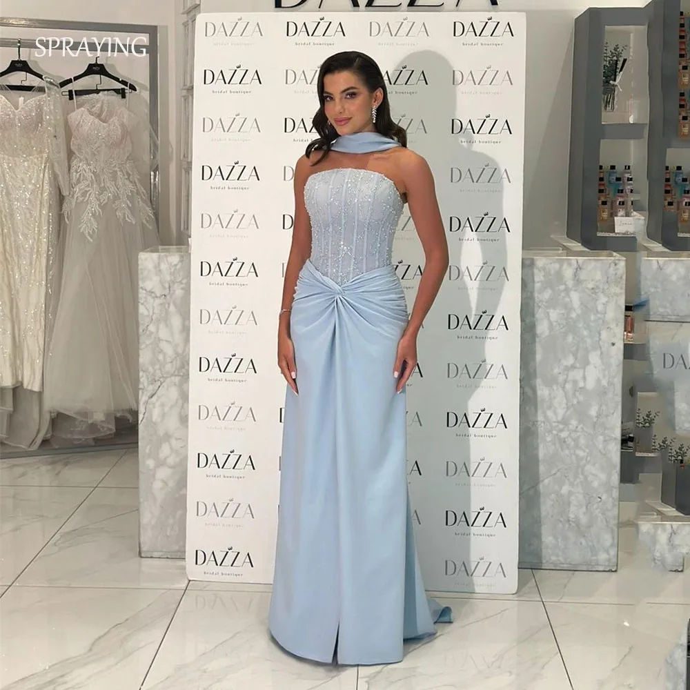 

SPRAYING Blue Sparkly Lace Evening Dress Sexy Strapless Party Dress Women Mermaid Long Dress فساتين سهرة Customized